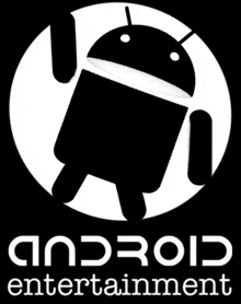 a logo for android entertainment with a black and white robot