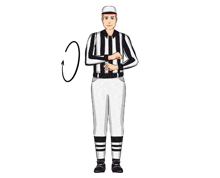 a referee in a black and white striped uniform is giving a thumbs up sign .