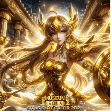 a poster for museum bola situs slot gacor 2021 shows a woman in gold armor