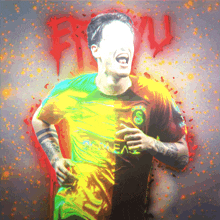 a painting of a soccer player with the word eae on the back of his shirt