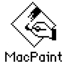 a black and white logo for macpoint with a hand holding something