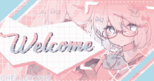 a welcome sign with a girl wearing glasses on it