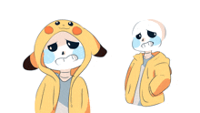 a cartoon drawing of a skeleton wearing a pikachu hooded jacket