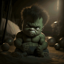 a baby hulk is sitting on the ground with a serious look on his face