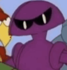 a purple cartoon character wearing sunglasses is standing next to a yellow bird .