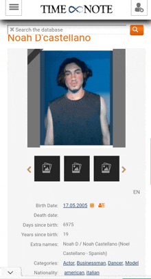 a picture of noah d' castellano is displayed on a time note website