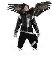 a man in a black jacket with eagle wings is surrounded by white stars