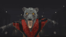 a werewolf with yellow eyes is wearing a red and black shirt