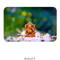 a statue of ganesha is surrounded by white flowers and has the word kulfy on the bottom