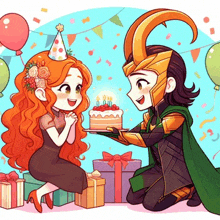 a cartoon of loki giving a birthday cake to a woman