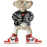 a teddy bear wearing a supreme jacket and red nike sneakers