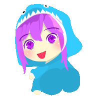 a girl with purple hair and a blue shark hood