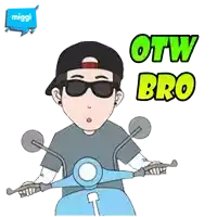 a cartoon of a man riding a scooter with the words otw bro written below him