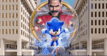 a poster of sonic the hedgehog and dr. eggman in front of a building