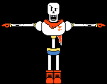 a pixel art of papyrus with his arms outstretched and a scarf around his neck .