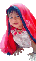 a little girl wearing a red cape and a white shirt