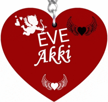 a red heart that says eve arki with cupid and wings