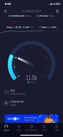 a screenshot of a speed test app on a cell phone