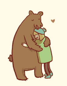 a cartoon of a woman hugging a brown bear with a heart in the background