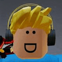 a roblox character with headphones on his head and a smiley face on his face .