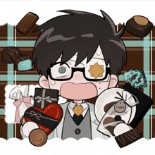 a boy with glasses is holding a heart shaped chocolate and a box with the word happy on it