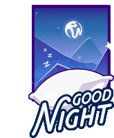 a poster that says " good night " with a pillow and mountains in the background