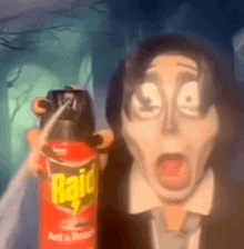 a man in a suit and tie is holding a can of raid ant and roach spray .