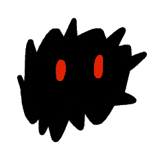 a black silhouette with red eyes on a white background