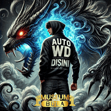 a man with a hoodie that says auto wd disini stands in front of a dragon