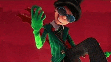 a cartoon character wearing a top hat and sunglasses is sitting on a red background .