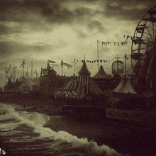 a black and white photo of an amusement park with a ferris wheel