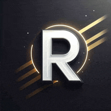 a white letter r is surrounded by gold stripes on a black background