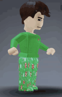 a cartoon character wearing a green sweater and green pajamas