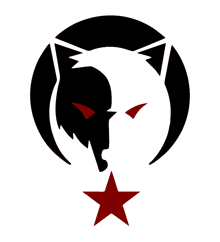 a black and white silhouette of a wolf with a red star in the middle