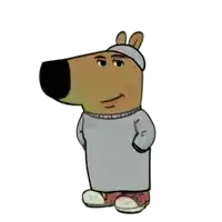 a cartoon bear wearing a gray sweater and a hat