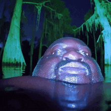 a man is swimming in a swamp with glowing trees in the background