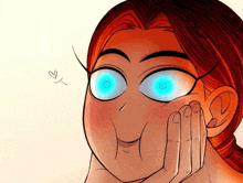 a cartoon drawing of a girl with blue eyes and a hand on her face