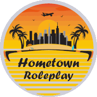 the logo for hometown roleplay shows a city skyline and palm trees