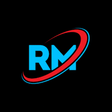 a blue and red logo with the letter rm in a circle on a black background .