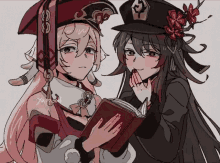 a drawing of two anime characters with one holding a red book