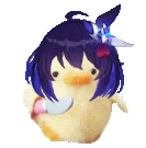 a yellow duck with purple hair and a bow on its head is holding a spoon .