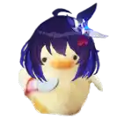 a yellow duck with purple hair and a bow on its head is holding a spoon .