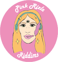 a pink circle with a drawing of a woman and the words pink rizla riddims on it