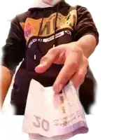 a person wearing a hoodie that says ' espace ' on it is holding a stack of money