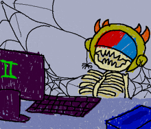 a cartoon drawing of a skeleton sitting in front of a computer with the letter i on it