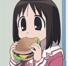 a cartoon girl is eating a cheeseburger with lettuce and cheese