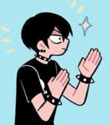 a cartoon of a boy with a choker and bracelets on his wrists .