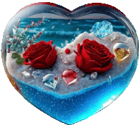 a heart shaped container with two red roses and diamonds in it