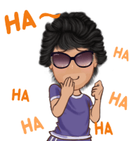 a cartoon of a woman wearing sunglasses and a purple shirt with the word ha surrounding her