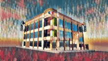 a colorful painting of a building with a sign that says cbs on it